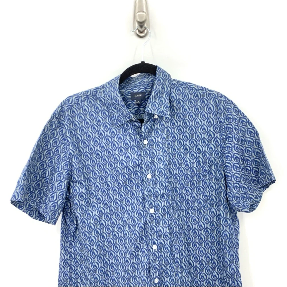 J Crew Men‎ Size Medium Shirt Short Sleeve Top Blue Gray Printed Stretch Flex
